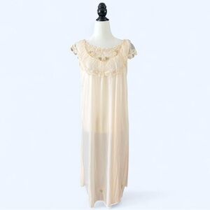 Cream Lace Floral Embroidered Feminine Coquette Dainty Ruffle Trim Nightgown